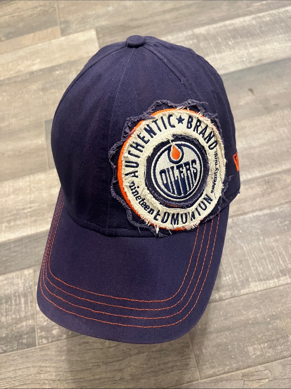 NHL Edmonton Oilers Navy and Orange Baseball Cap Distressed Worn Fading